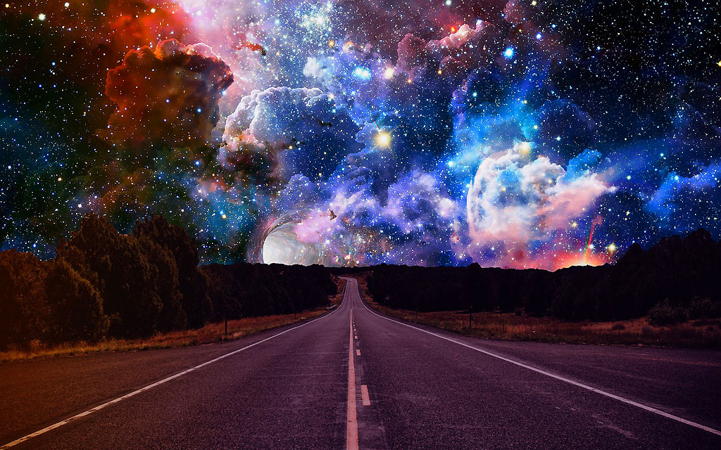 gorgeous interstellar clouds shine and sparkle in the night sky, above a two-way road leading into the distance